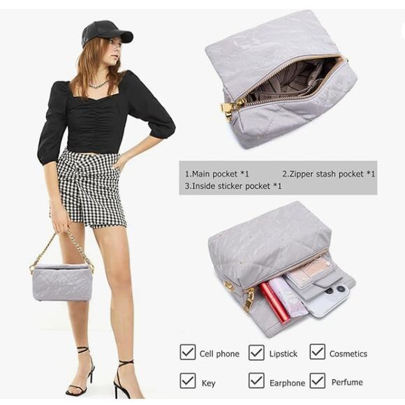 Quilted Crossbody Bag 7.4"× 2.9"× 4.7" PU Shoulder 2 Chain Straps extending 44" - Picture 5 of 6